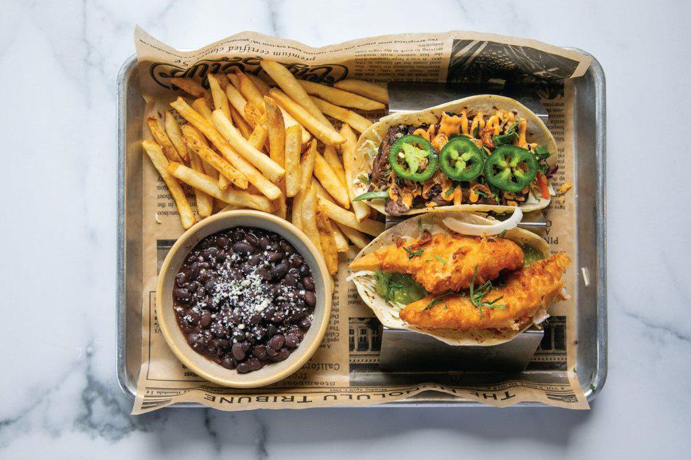 Taco Platter (2) · mix ＆ match two tacos, black beans, choice of fries, house side salad or tortilla chips