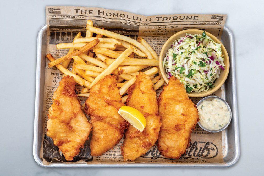 Fish ＆ Chips 4 pcs · crispy Alaskan cod, sesame slaw, choice of fries or house side salad