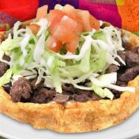 Sope · Thick deep-fried corn dough base with your choice of meat topped with beans,
lettuce, tomato...
