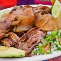 Carnitas Dinner · Served with pico de gallo instead of salad.