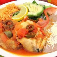 Chiles Rellenos Dinne · 2 grilled poblano peppers in egg batter, stuffed with chihuahua cheese served with ranchera ...