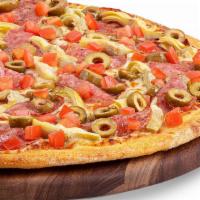 Gluten-Free Mediterranean Pizza · Original Signature crust, creamy pesto sauce, 100% whole milk mozzarella, Italian salami, ma...