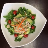 Tuna Salad · Pure albacore tuna ,organic baby spinach, shredded carrot, tomato, crisp cucumber+ honey dijon