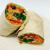 Silly Wabbit Wrap · Organic baby spinach, shredded  carrots, crunchy cucumber,  tomato, romaine lettuce and hone...