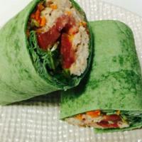 Tuna Wrap · Pure albacore tuna, tomato, organic baby  baby spinach, romaine lettuce, shredded carrots an...