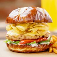 Crazy Good Grilled Chicken Sandwich · Grilled made-with-plants chicken, smoked provolone cheese, crunchy Parmesan truffle potato c...