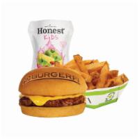 Kids Cheeseburger · Single cheeseburger with choice of junior fries or natural snack, and kids natural juice.