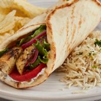 Grilled Chicken Gyro · Taziki sauce, tomatoes, mixed lettuce and grilled onions.