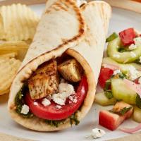 Grilled Chicken Basil Pesto Gyro · Homemade basil-pesto, tomatoes and feta. Served with chips.