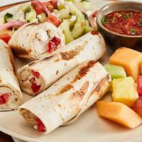 Grilled Chicken Roll-Up · With tomato and feta in a griddled flour tortilla, served with fresh salsa.