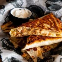 Chicken Quesadilla · Grilled marinated chicken breast, Muenster cheese, mix of green pepper, banana peppers, spor...