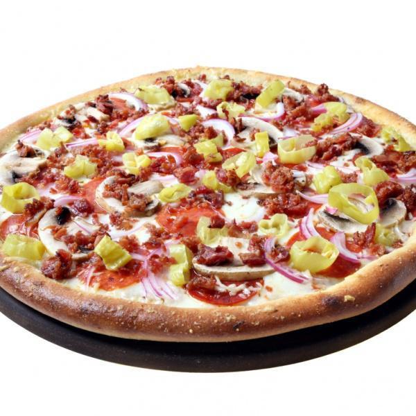 Aro Pizza (Extra Thin Crust) · Tomato sauce, mozzarella cheese, white sauce, pepperoni, mushrooms, red onions, bacon strips, pepperoncinis and Parmesan sprinkled crust.