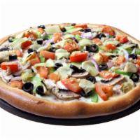 Veggie Pizza · Homemade tomato sauce, mozzarella cheese, mushroom, red onions, green peppers, artichokes, b...