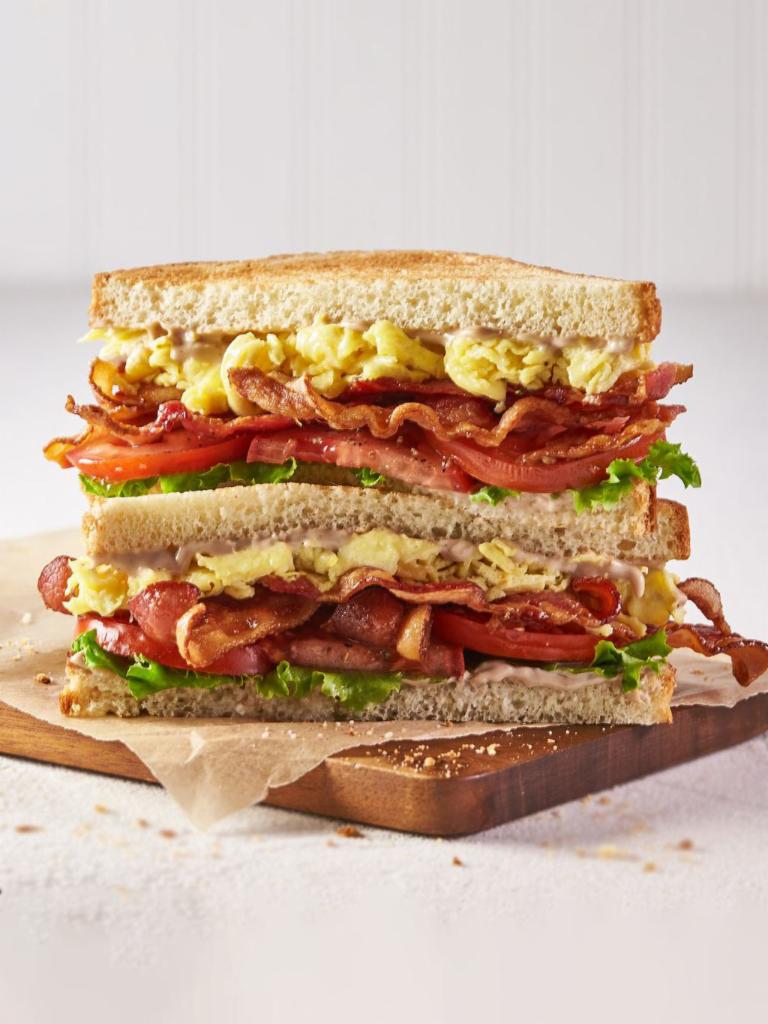 BBLT & Egg Sandwich · Scrambled eggs, bacon, tomato, lettuce, black pepper balsamic aioli, and white toast.