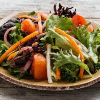 Side House Salad · hand cut baby lettuces blend tossed with diced organic tomatoes, julienne organic carrots, c...