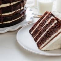 Chocolate Vanilla Layer Cake · chocolate cake layers filled with vanilla bean cream, scratch made chocolate ganache, finish...