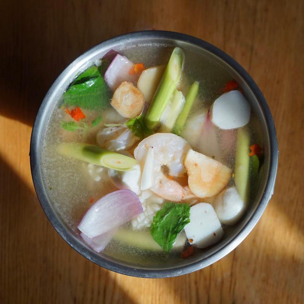 Seafood Poh - Tak Soup · Traditional medium spicy and sour soup with assorted seafood (calamari, shrimps, fish balls, clams), lemongrass, basil, kaffir lime leaves, and Thai fresh chili and lime juice