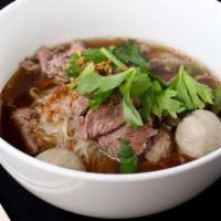 Beef and Meatballs Noodle Soup · Noodle soup with sliced beef, beef meatballs, bean sprout, Chinese celery, and rice noodle
