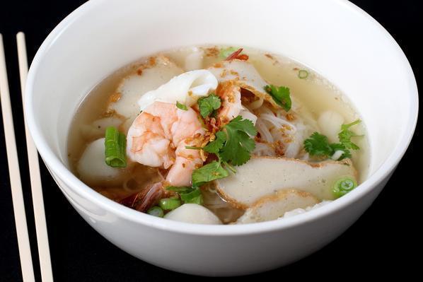 Combination Noodle Soup · A combination of noodle soup with sliced pork, ground pork, sliced fish cake, fish ball, calamari, shrimps, and rice noodle