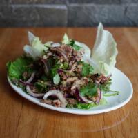 Duck Salad · A chunk of roasted duck mixed with rice powder, chili powder, and lime-based salad dressing.