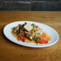 Spicy Tofu · Tofu stir-fried with fresh chili, garlic, red bell peppers, yellow onion, bamboo shoots and ...