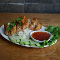 Ginger Rice and Crispy Chicken · Garlic and ginger rice with crispy chicken served with sweet chili sauce.