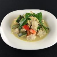 Green Curry Fishcake · Spicy green curry with real fish paste, bamboo shoot, and red bell pepper. Spicy.