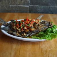 Tilapia with Basil Sauce  · Whole fried tilapia with house chili-based sauce. Whole fish; Bone in.