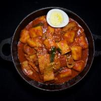 FIRE TTEOK-BOKKI · Spicy flour cakes with cabbage, scallion, carrot, and small intestine.(very spicy)