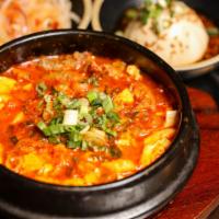 Gopchang Soondubu · Soft tofu stew with small intestine. (spicy)