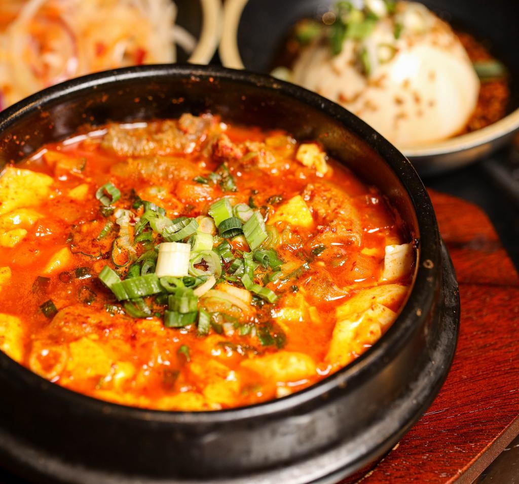 Seafood Soondubu · Soft tofu stew with seafood. (spicy)