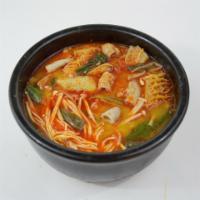 GOP TUK BAE GI · Intestines stew with vegetables in a stone pot. (spicy)