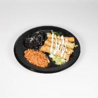 Taquitos · Four Crispy Corn Taquitos, Rolled with Chicken and Cheese Inside,  Topped with Lettuce, Sour...