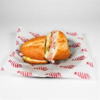 Jamon Torta · A Mexican Style Sandwich with Mayo, Avocado, Tomato, Pickled Jalapenos, Ham, and Oaxaca Chee...