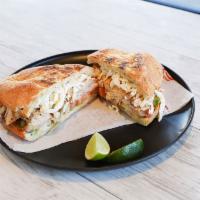 Torta de Pollo · A Mexican Style Sandwich with Mayo, Avocado, Tomato, Pickled Jalapenos, Chicken, and Oaxaca ...