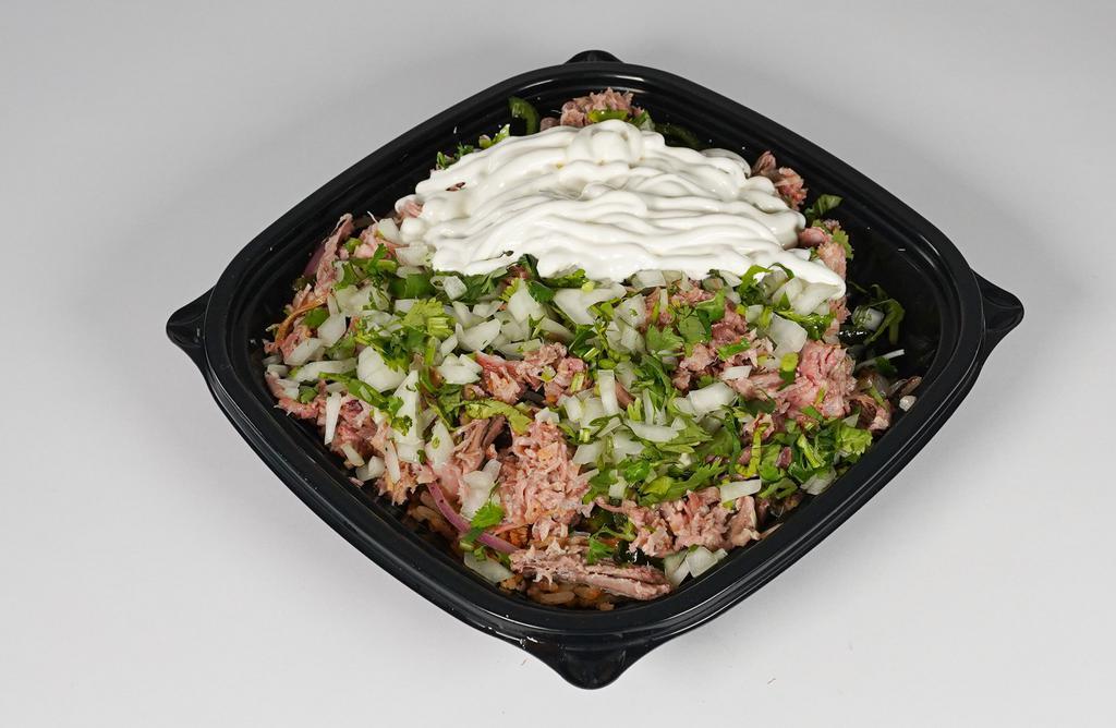 Burrito Bowl · Served in a Bowl with Rice, Beans, Veggie Mix (Grilled Onions and Peppers), Choice of any Meat, Onions, Cilantro, and Sour Cream.