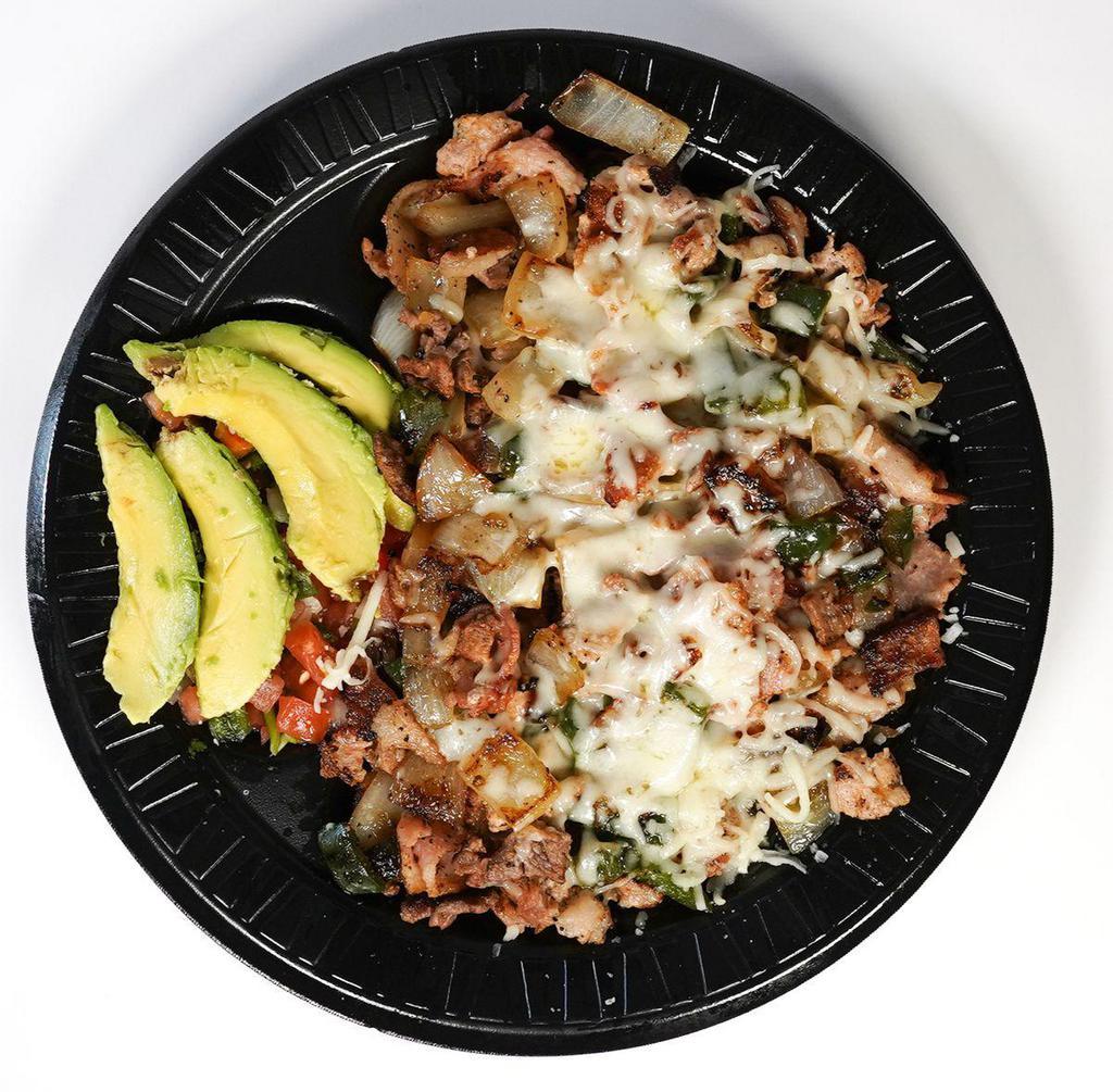 Poblano Alambre · A Mix of Grilled Steak, Pork Chops, Bacon, Grilled Onions , Grilled Poblano, and Melted Mozzarella on Top. With Side of Tortillas, Pico de Gallo and Avocado Slices . (Mild Spicy)