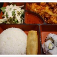 Korean Pork BBQ Bento · Served with 4 pieces sushi rolls, rice, Shrimp tempura and egg roll. Please tell us if you d...