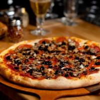 Puget Pounder · Pepperoni, Canadian bacon, Italian sausage, mushrooms and black olives.