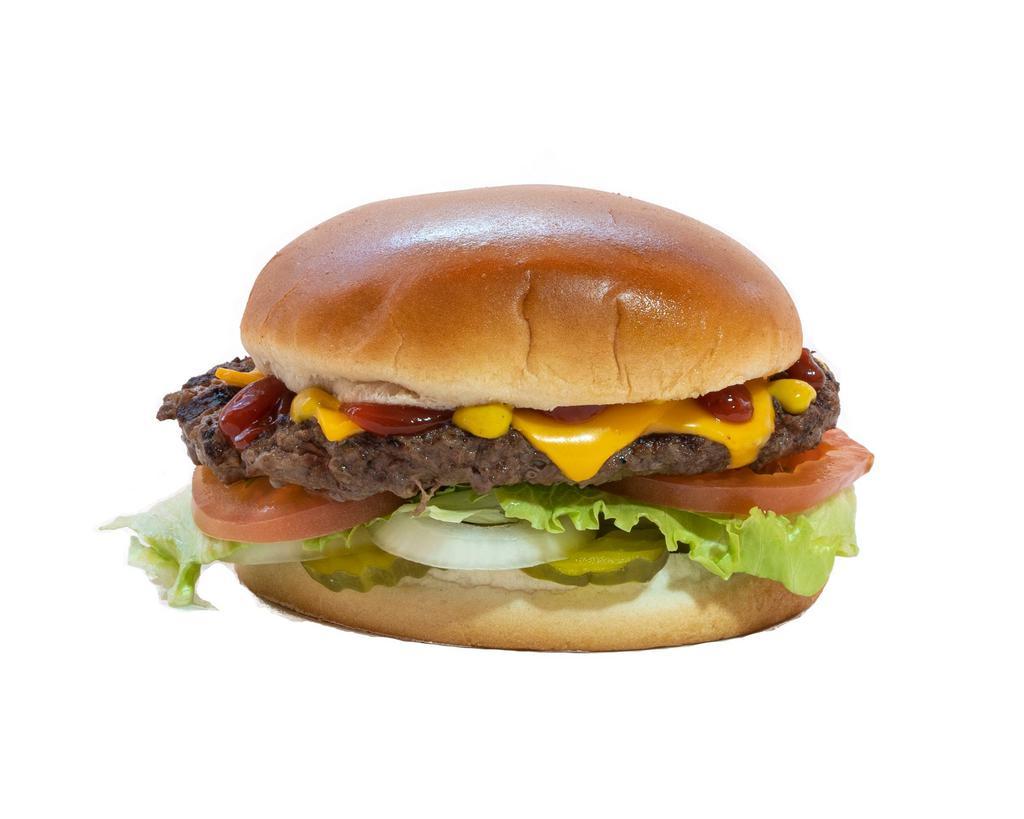 6. Yummy American Liberty Burger · Beef patty, lettuce, tomato, onion, pickle, ketchup, and mustard with American cheese.