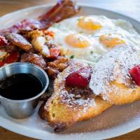 All American Breakfast · 3 eggs, bacon, breakfast potatoes, baguette french toast, fresh strawberries