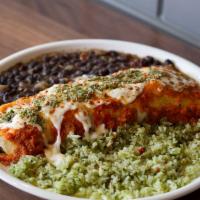 Hangover Burrito · grilled chicken, cilantro rice, black beans, ranchero sauce, flour tortilla