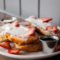 Baguette French Toast · french baguette, vanilla + brown sugar batter, maple syrup, powdered sugar