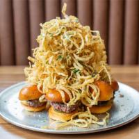 6 Mini Burgers · mini angus beef burgers, pickles, fried onion straws, brioche bun