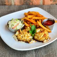 Lump Crab Cakes · two broiled crab cakes, old bay fries, fresh coleslaw, caper tartar sauce 