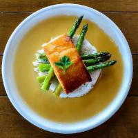 Miso Salmon · fresh miso-marinated salmon, asparagus, white rice, honey meuniere sauce 