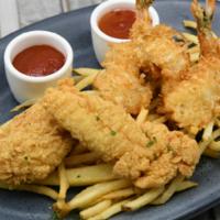Kid's Shrimpkens · Coconut shrimp and chicken tenders with fries.
