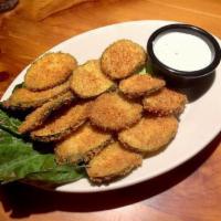 Crispy Fried Garlic-Pepper Zucchini · Fresh zucchini slices breaded in panko bread crumbs, served with our house-made cucumber dip.