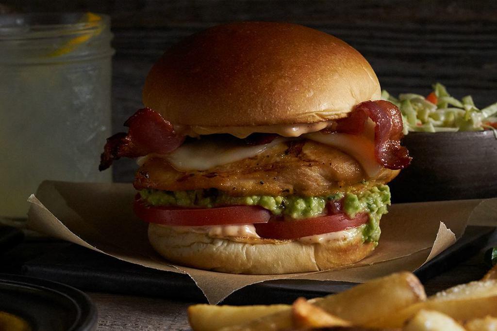 Chicken, Avocado & Bacon Sandwich · Grilled chicken breast topped with Monterey Jack cheese, guacamole, tomato, Applewood-smoked bacon and  creamy chipotle mayo.
