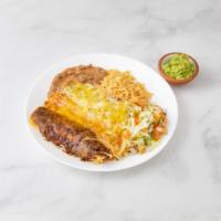 Enchiladas Tres Amigos · 3 enchiladas ground beef, chicken and cheese, each topped with different sauce (red green an...